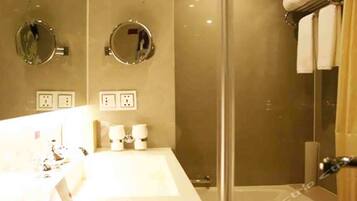 Eco-friendly toiletries, hair dryer, bathrobes, towels
