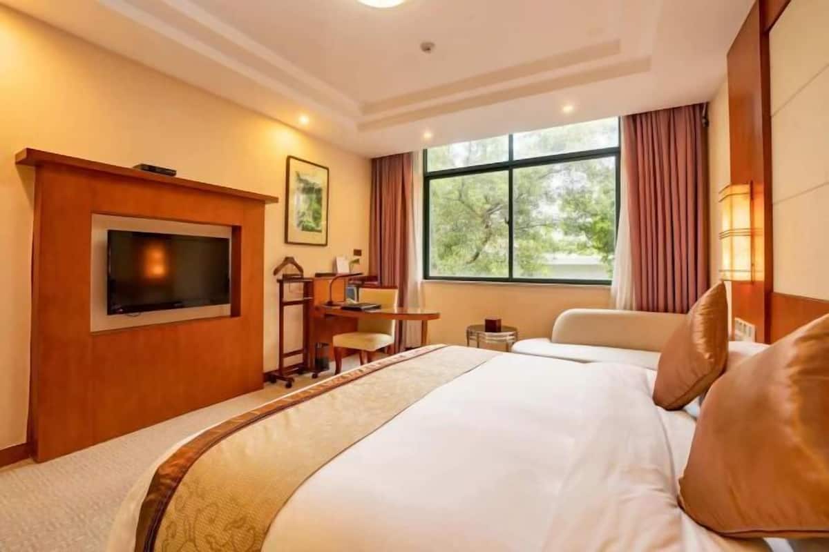 Une chambre d’hôtel avec un grand lit, un bureau avec une chaise, une télévision et une fenêtre avec des rideaux.