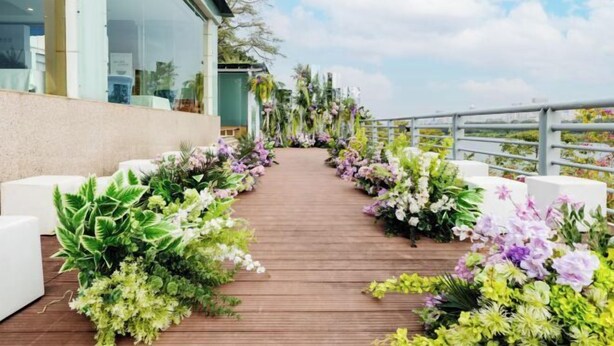 A wooden pathway lined with lush greenery and white seating areas, leading to a modern building with large windows. - Liuzhou Hotel (Liuzhou)