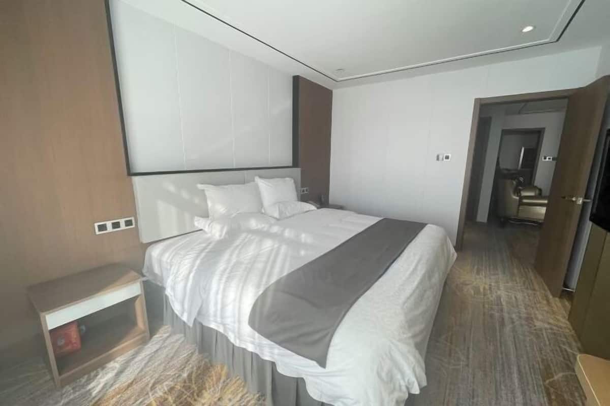 A modern hotel room with a large bed, a bedside table, a wardrobe, and a mirror.