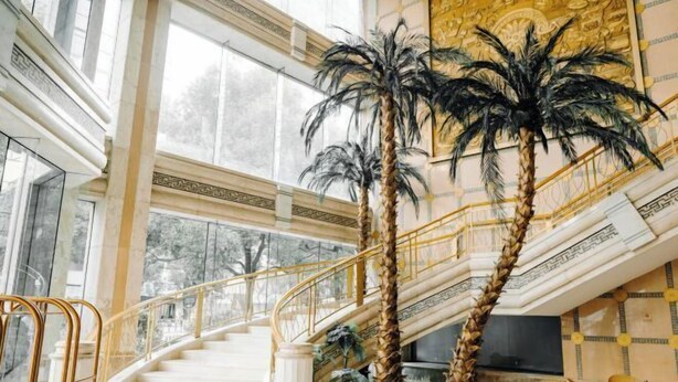 A grand staircase with a white balustrade, palm trees, and a white picket fence. - Regal Hotel (Guiyang)