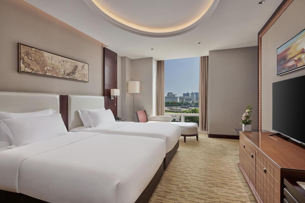 Habitación de hotel con dos camas, televisión, escritorio y vistas a la ciudad.
