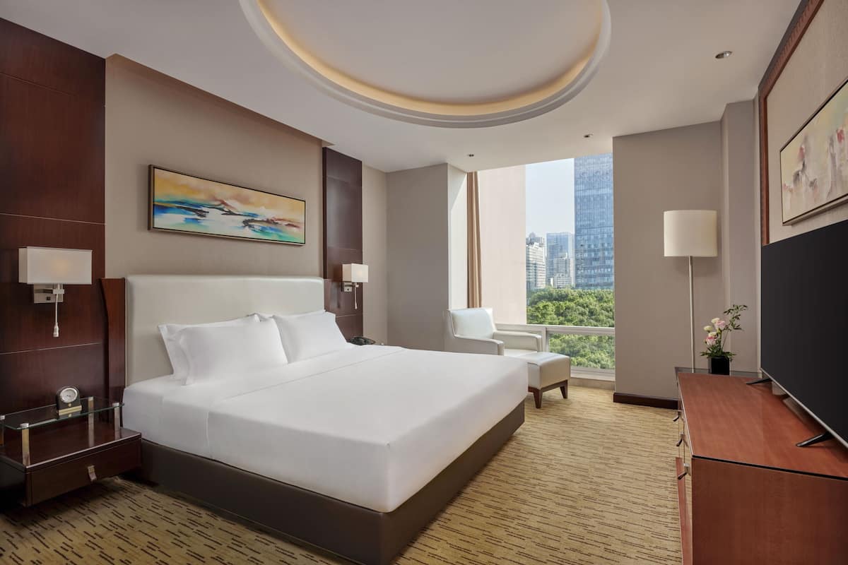 Habitación de hotel con una cama grande, un escritorio, una silla, un televisor y vistas de la ciudad.
