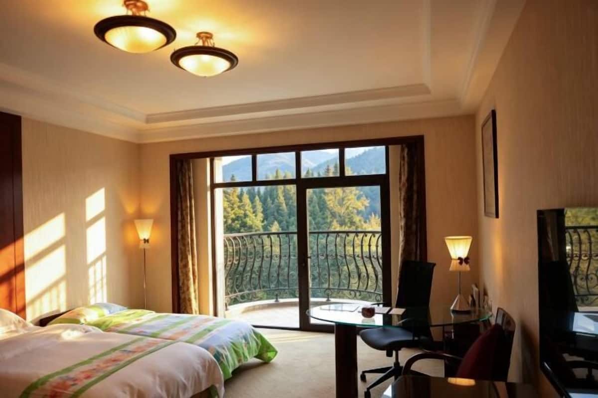 A hotel room with a bed, a desk, a chair, a TV, and a balcony with a view of trees and mountains.