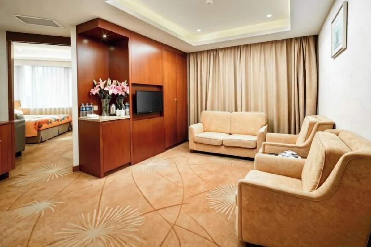 A hotel room with a sofa, a TV, a desk with a vase of flowers, and a large window with curtains.