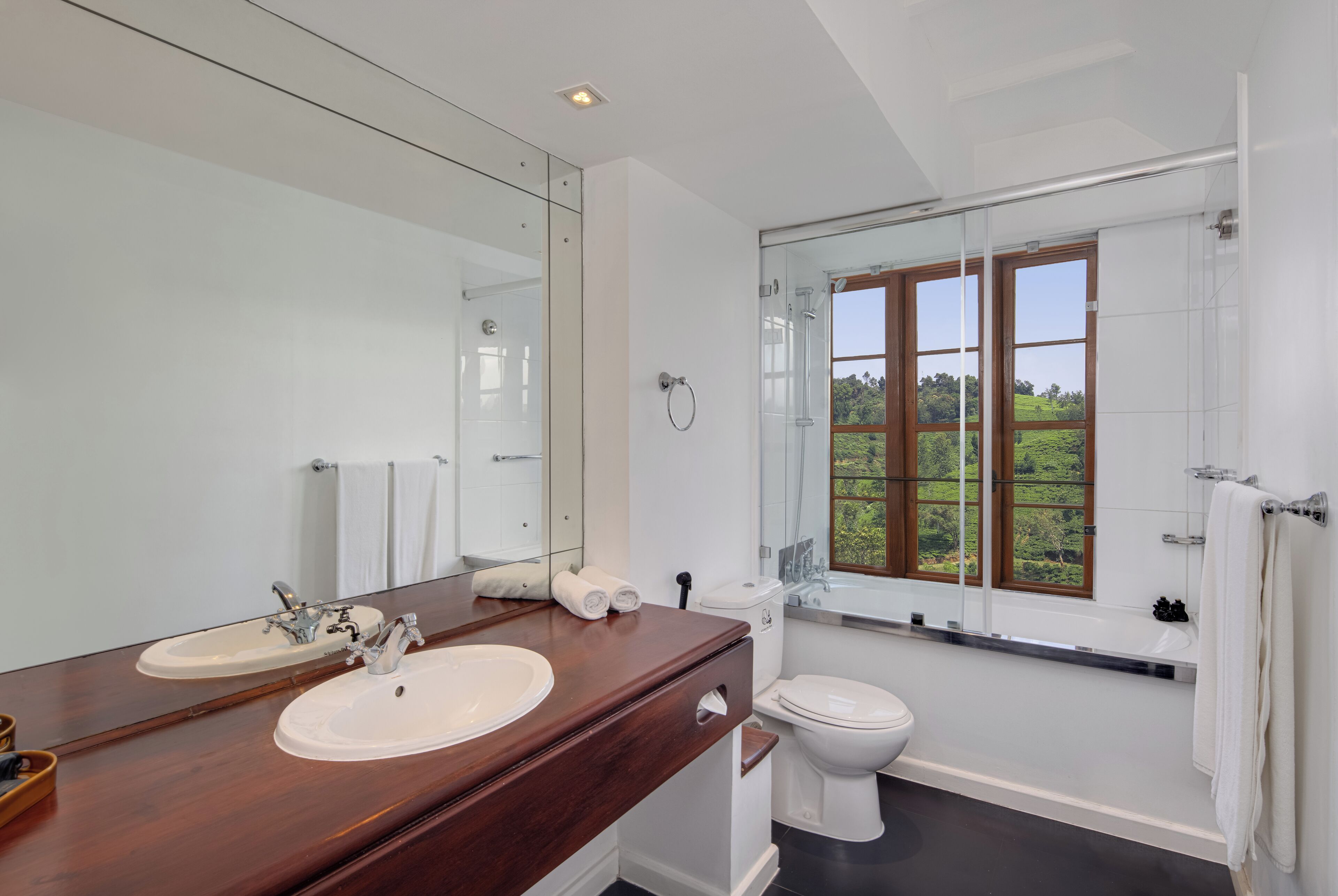 A modern bathroom with a large mirror, two sinks, a toilet, and a shower.