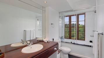 A modern bathroom with a large mirror, two sinks, a toilet, and a shower.