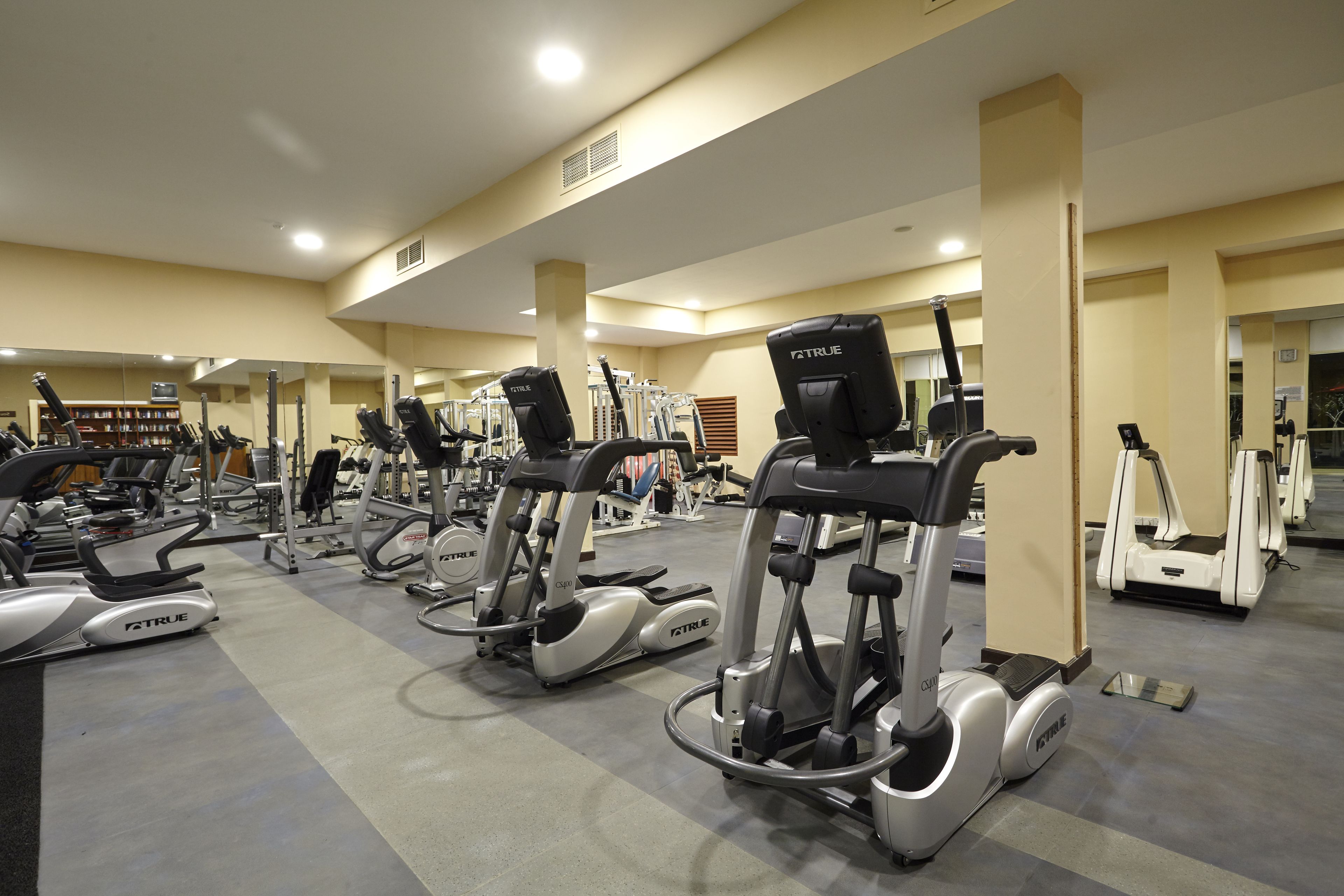 A gym with multiple treadmills, ellipticals, and weight machines.