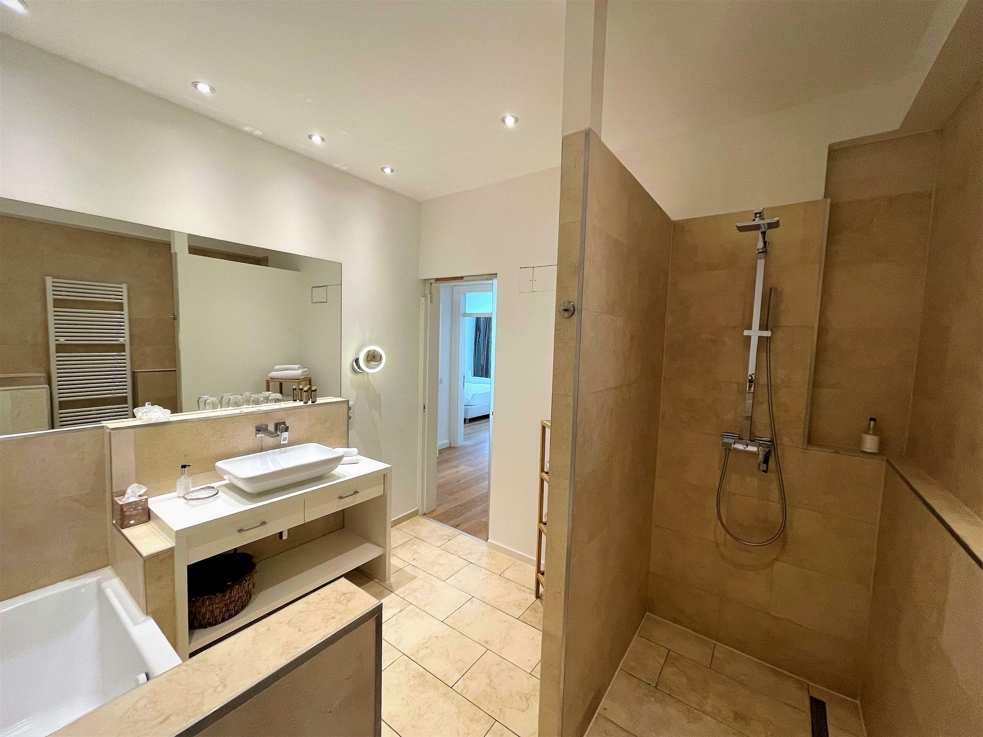 A modern bathroom with a large mirror, two sinks, a shower, and a walk-in shower.