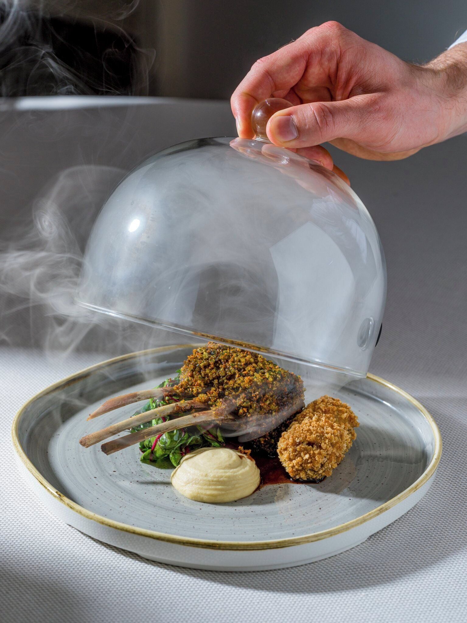 A hand holding a transparent dome over a plate with food, steam rising from the dish.