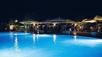 Outdoor pool, pool umbrellas, pool loungers