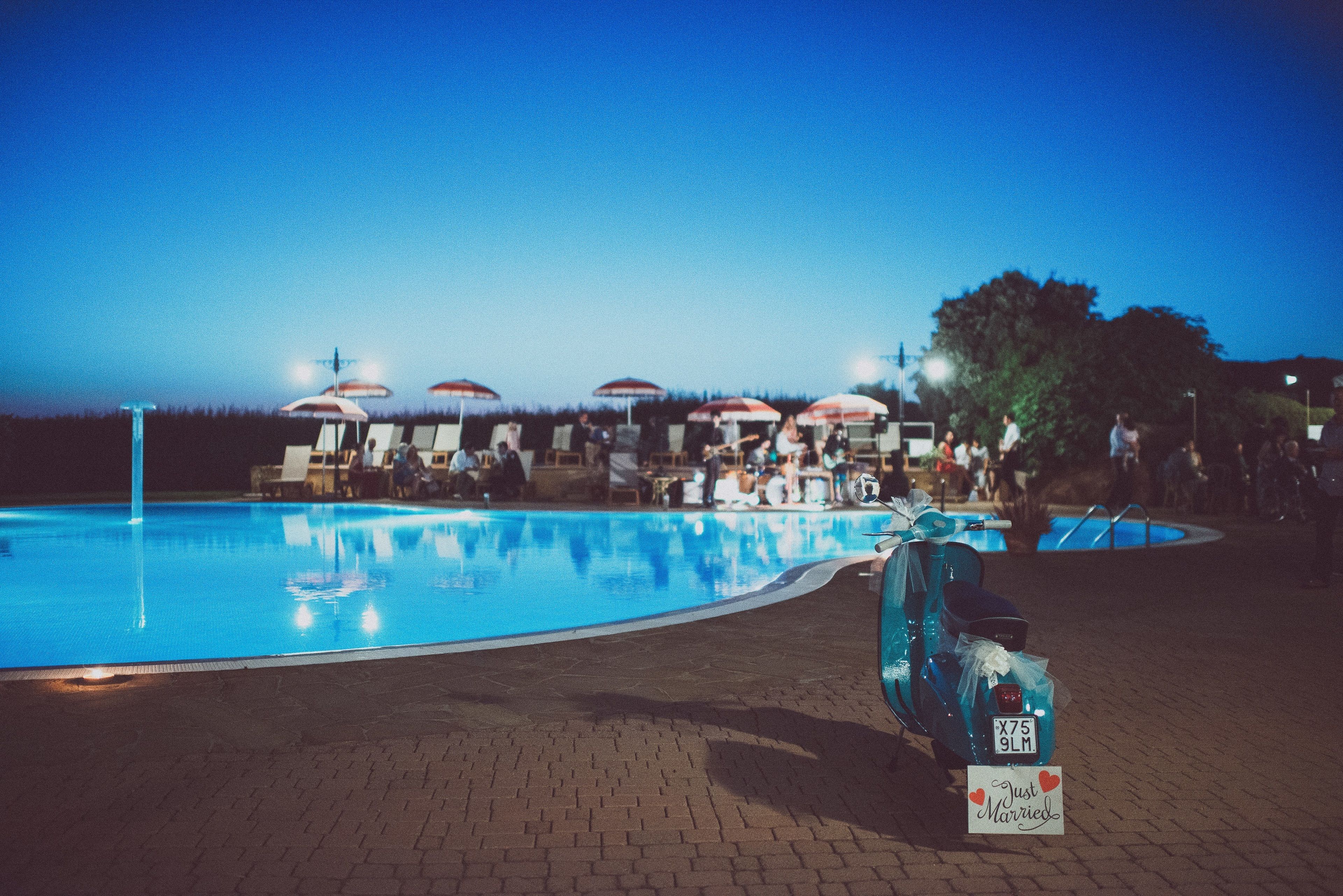 outdoor pool, pool umbrellas, pool loungers