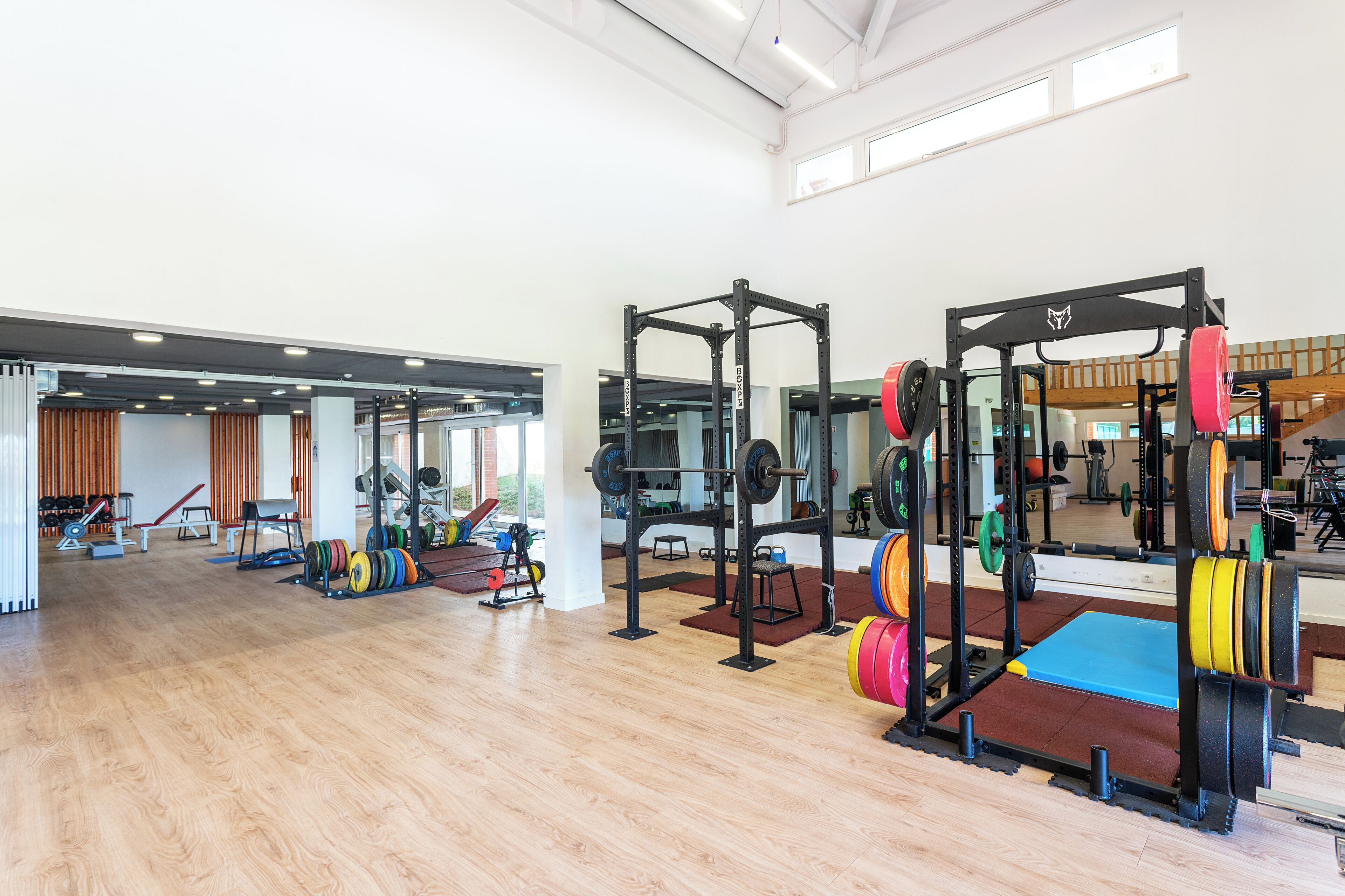 A spacious gym with various exercise equipment, including weightlifting stations and cardio machines.