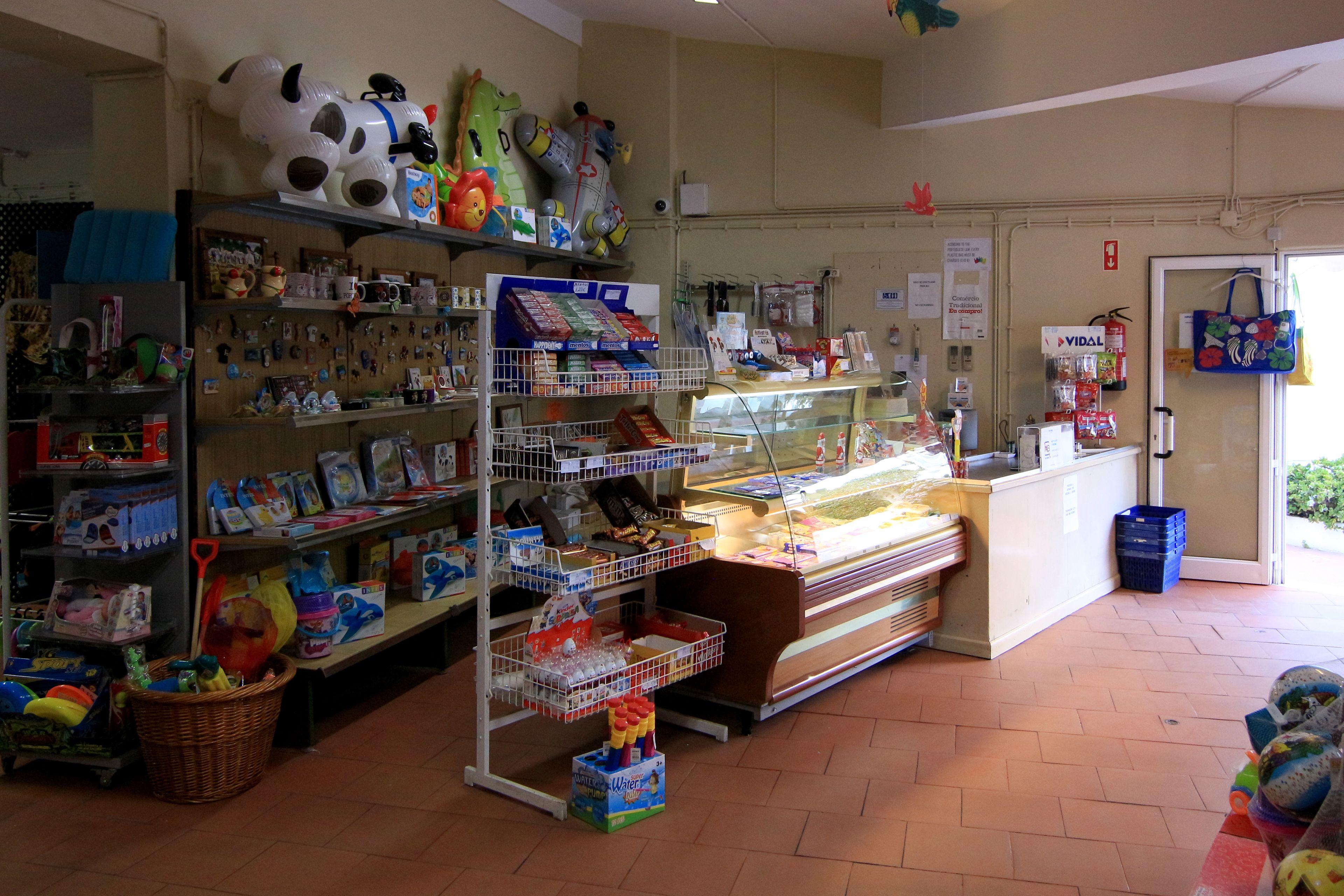 Een winkel met schappen vol speelgoed en huishoudartikelen, een etalage met producten, en een blauwe tas aan de muur.