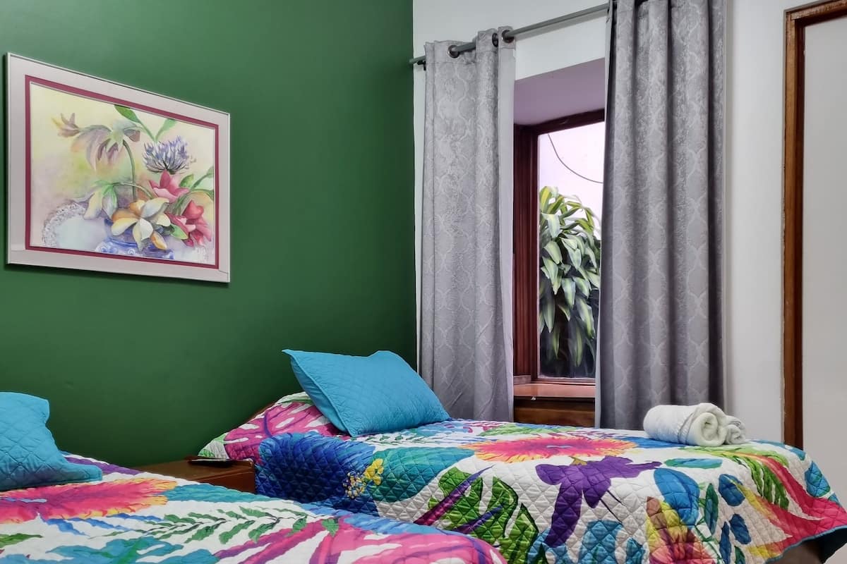 A room with two beds, green walls, a painting, grey curtains, and a view of a plant outside.
