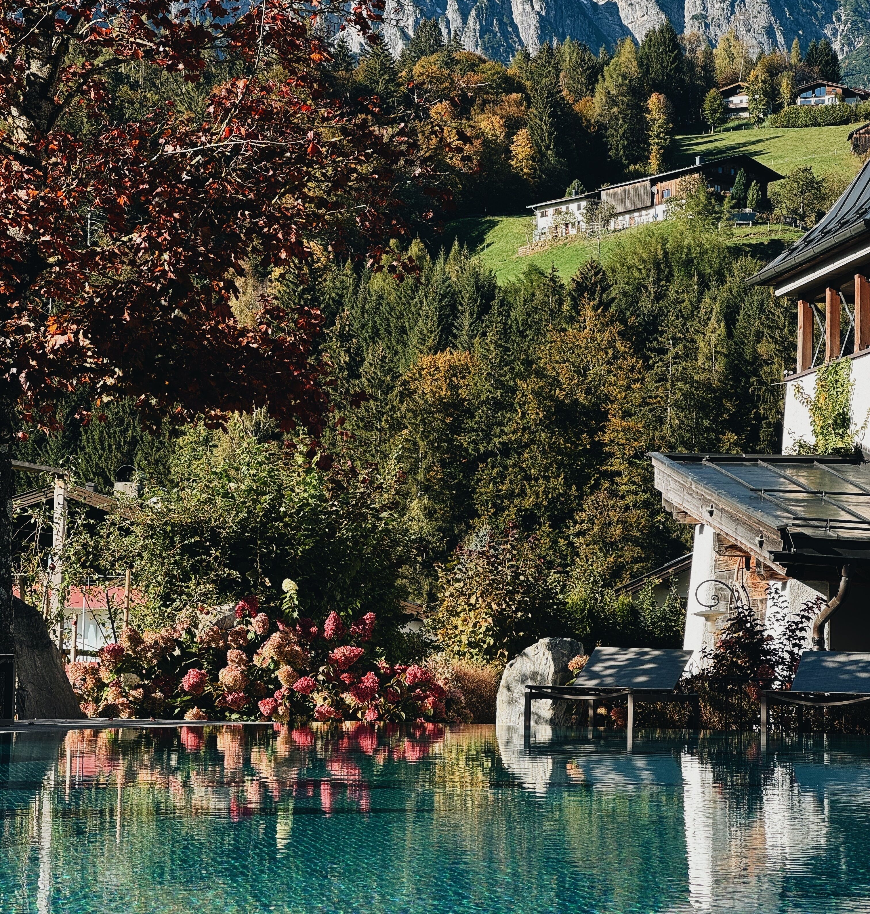 Indoor pool, outdoor pool, pool umbrellas