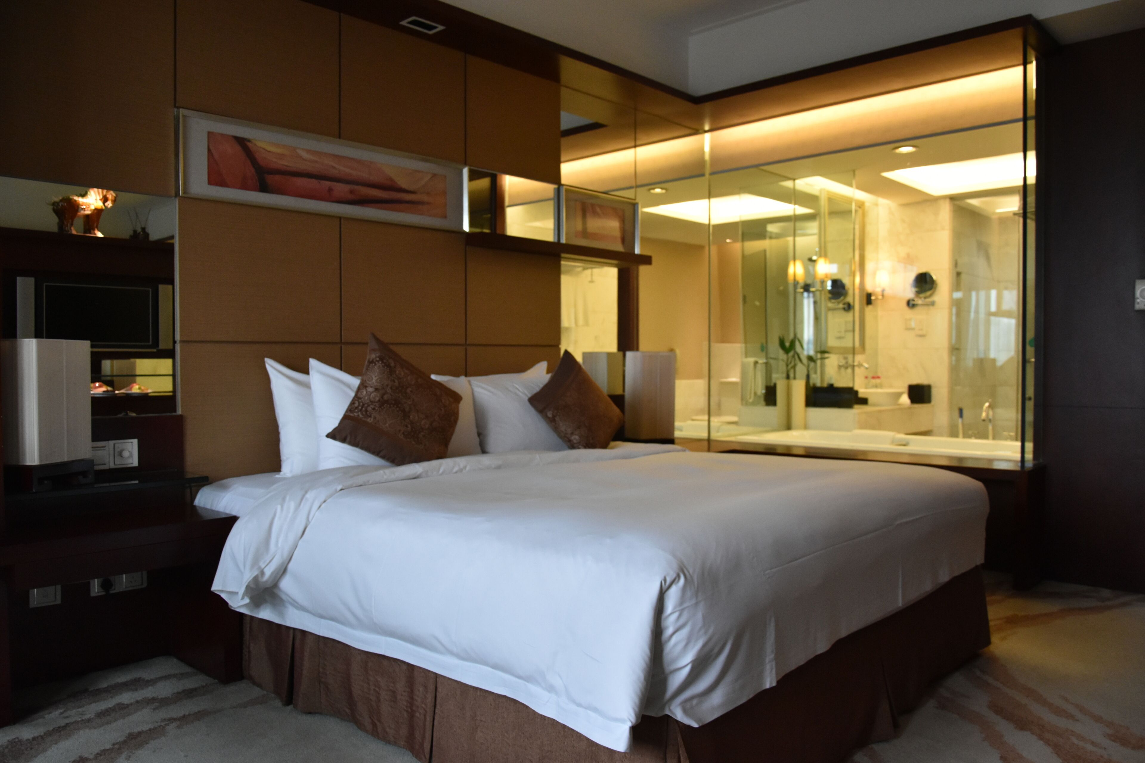 Una habitación de hotel con una cama grande, una mesita de noche, un televisor y un espejo.