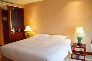 Una habitación de hotel con una cama grande, dos lámparas de noche, una mesita de noche de madera y un espejo sobre la cama.