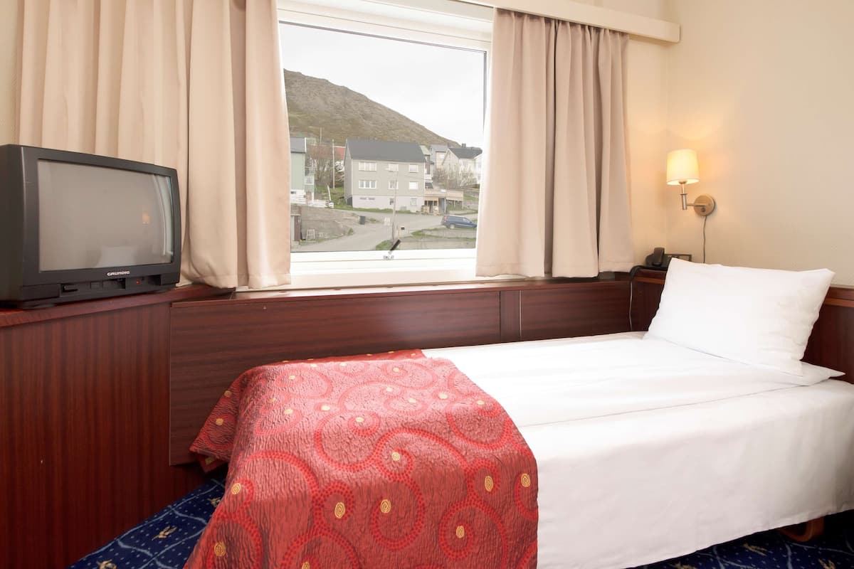 A hotel room with a bed, a television, a window with curtains, and a lamp.