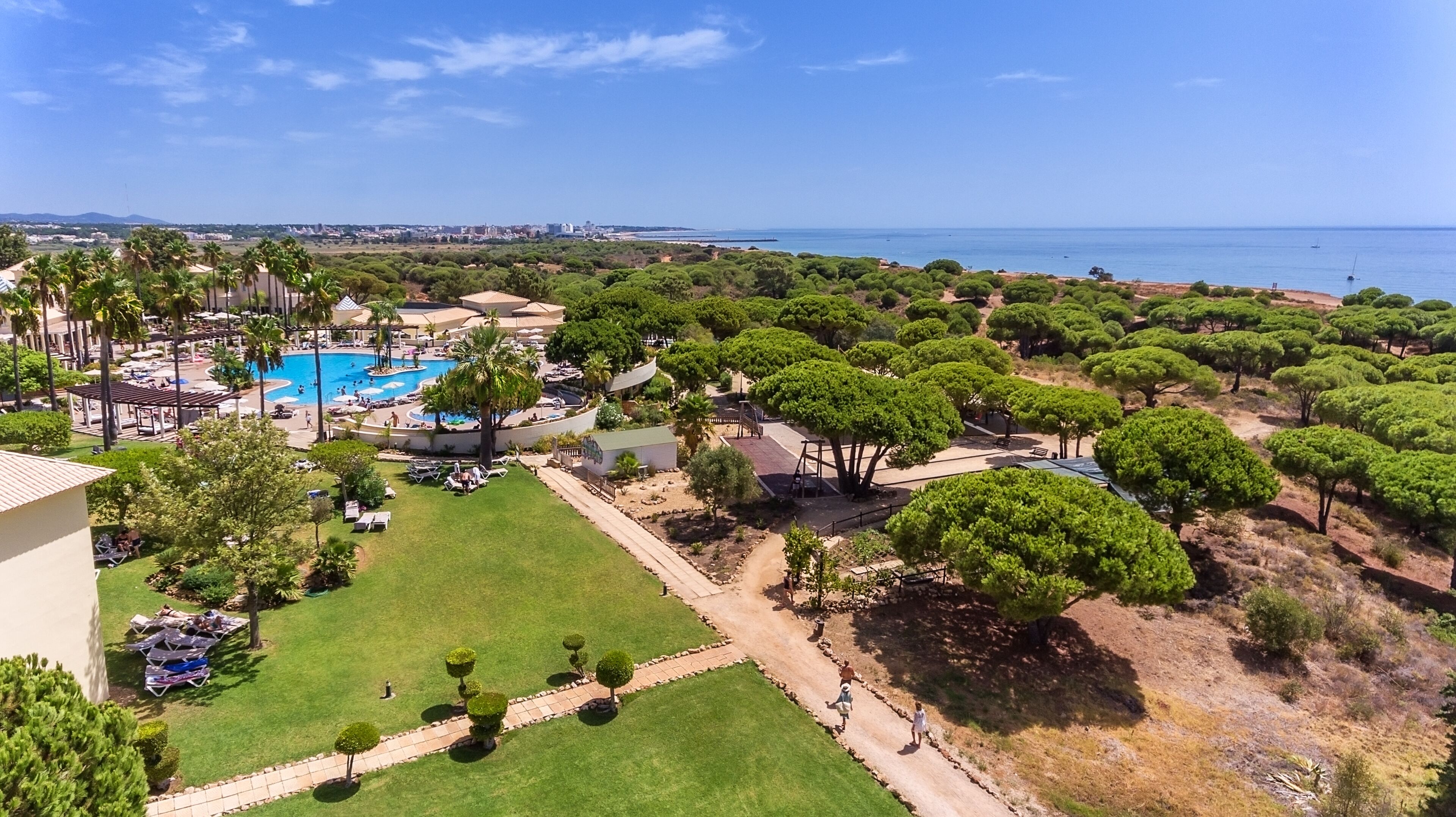 A resort with a swimming pool, palm trees, and a view of the sea.