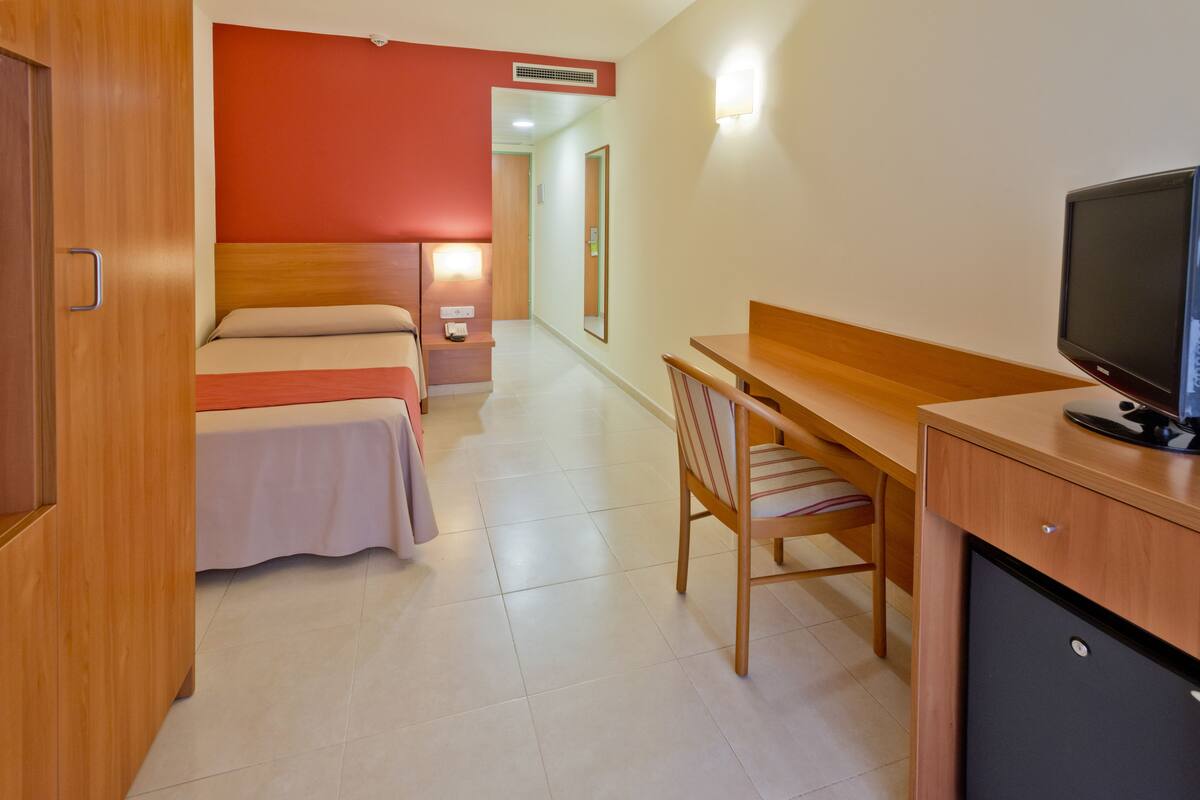 A hotel room with a bed, a desk, a chair, a television, and a wardrobe.