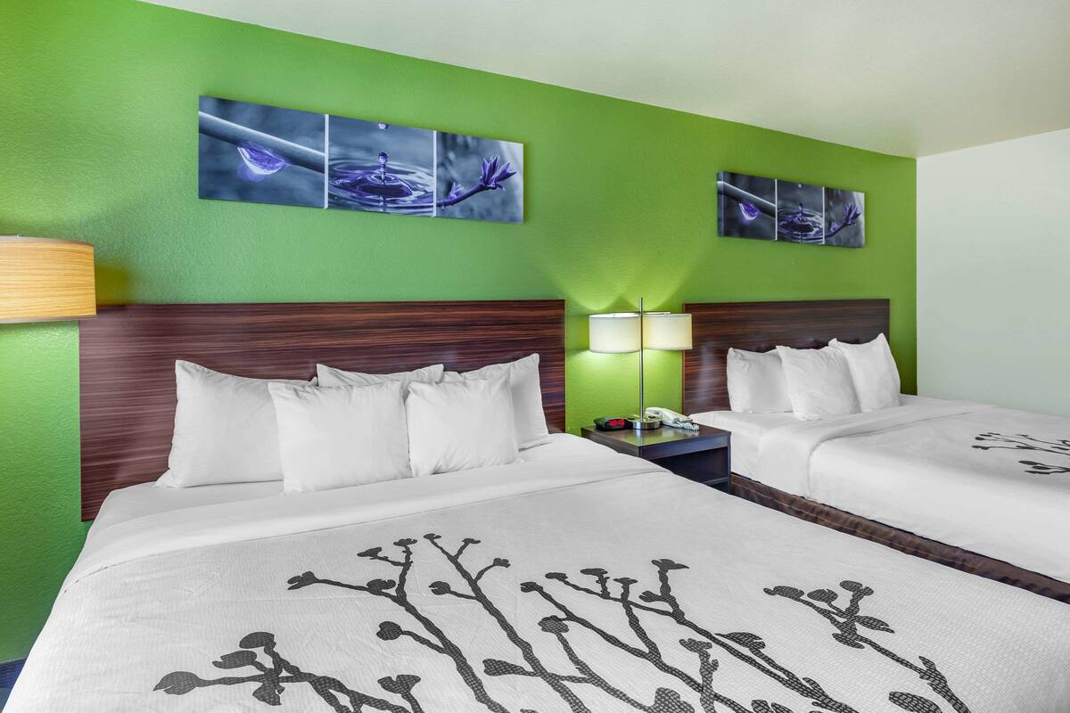 A hotel room with two beds, green walls, and artwork above the beds.