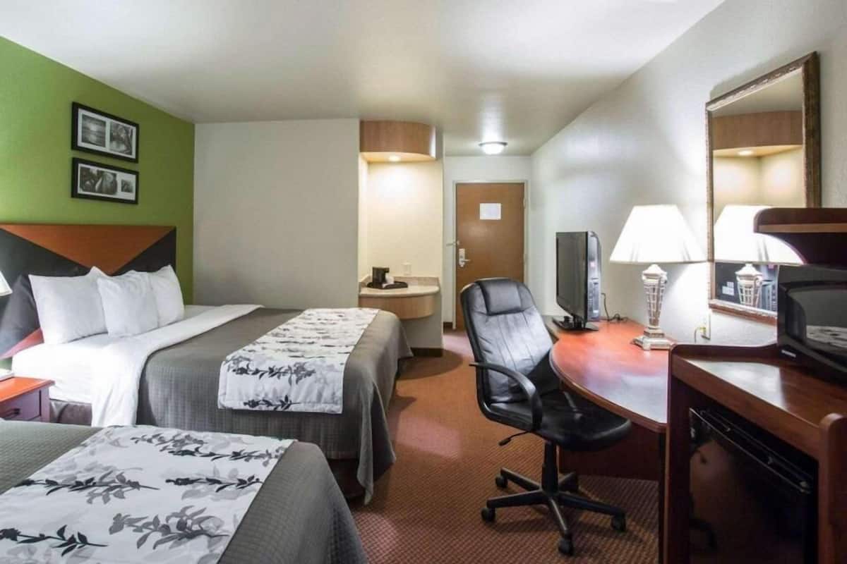 A hotel room with two beds, a desk with a computer, a chair, a television, and a mirror.