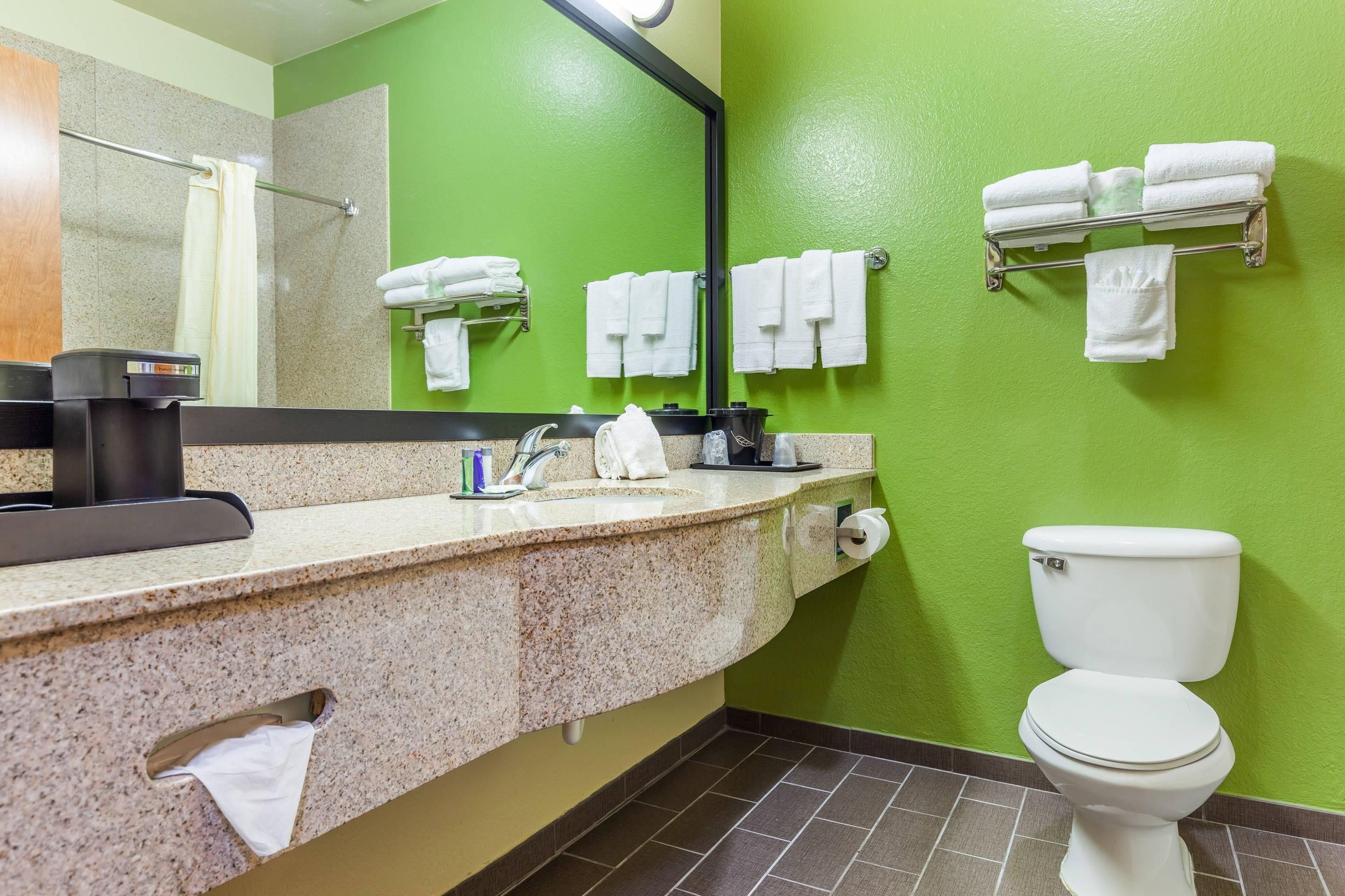 A bathroom with a green wall, a sink with a mirror, a toilet, and towel racks.