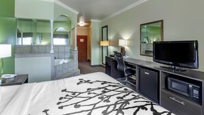 Habitación de hotel con cama, escritorio, televisor, espejo y baño con ducha e inodoro.