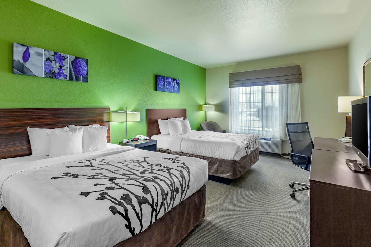 A hotel room with two beds, a desk, a chair, a TV, and artwork on the walls.