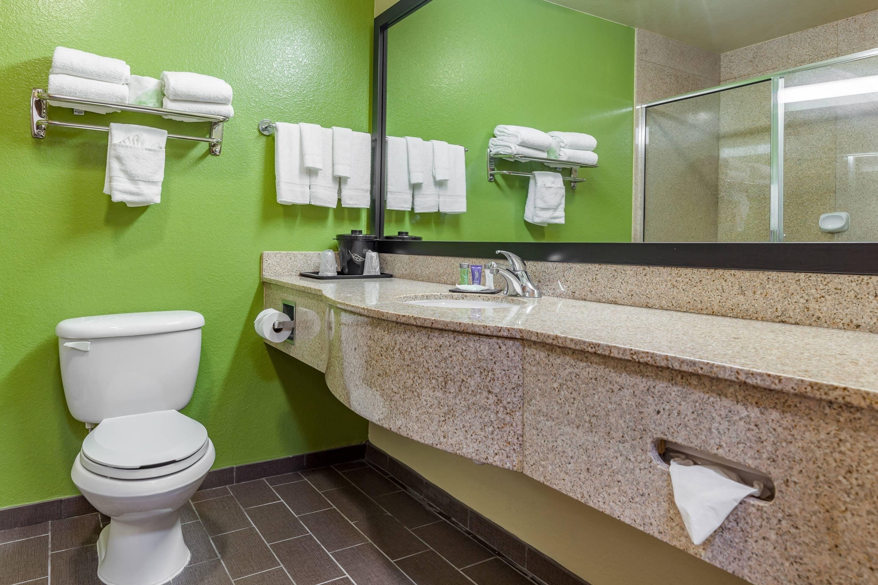 A bathroom with a green wall, a white toilet, a sink with a mirror above it, and multiple towel racks with white towels.