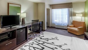 Habitación de hotel con televisión de pantalla plana, escritorio con silla, cama grande, ventana con cortinas y sofá.