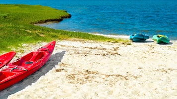 Una playa arenosa con kayaks y una masa de agua tranquila.