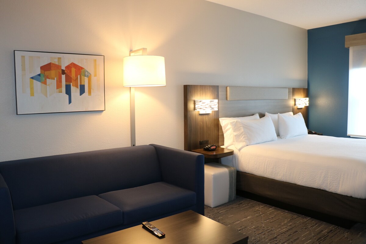 Une chambre d’hôtel comprenant un lit, un canapé, une table de chevet, une lampe et une œuvre d’art accrochée au mur.