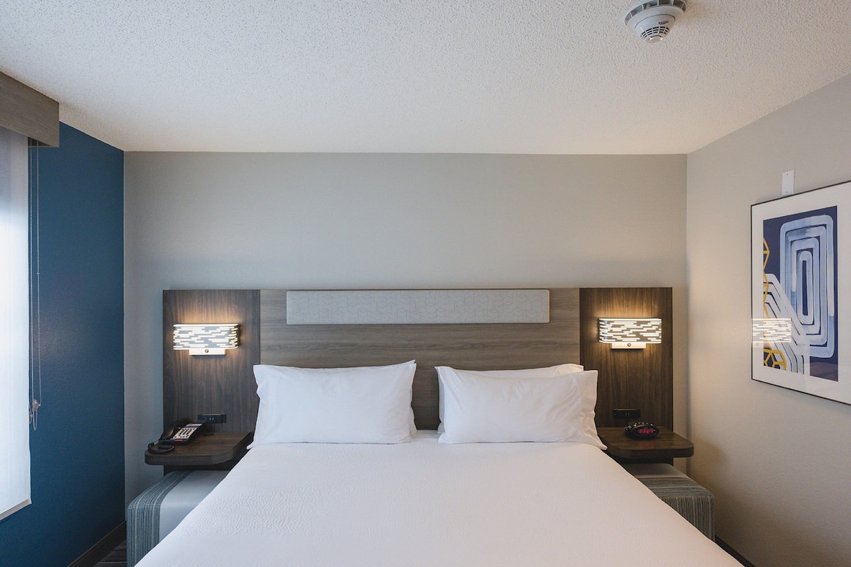Habitación de hotel con una cama grande, dos mesitas de noche, una lámpara de pared y un cuadro en la pared.