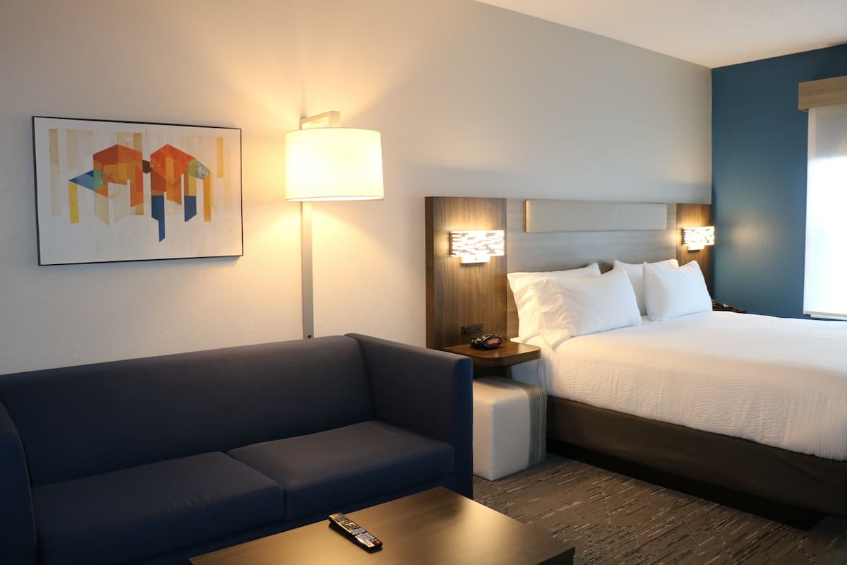 Una habitación de hotel con una cama, un sofá, una mesita de noche, una lámpara y una obra de arte colgada en la pared.