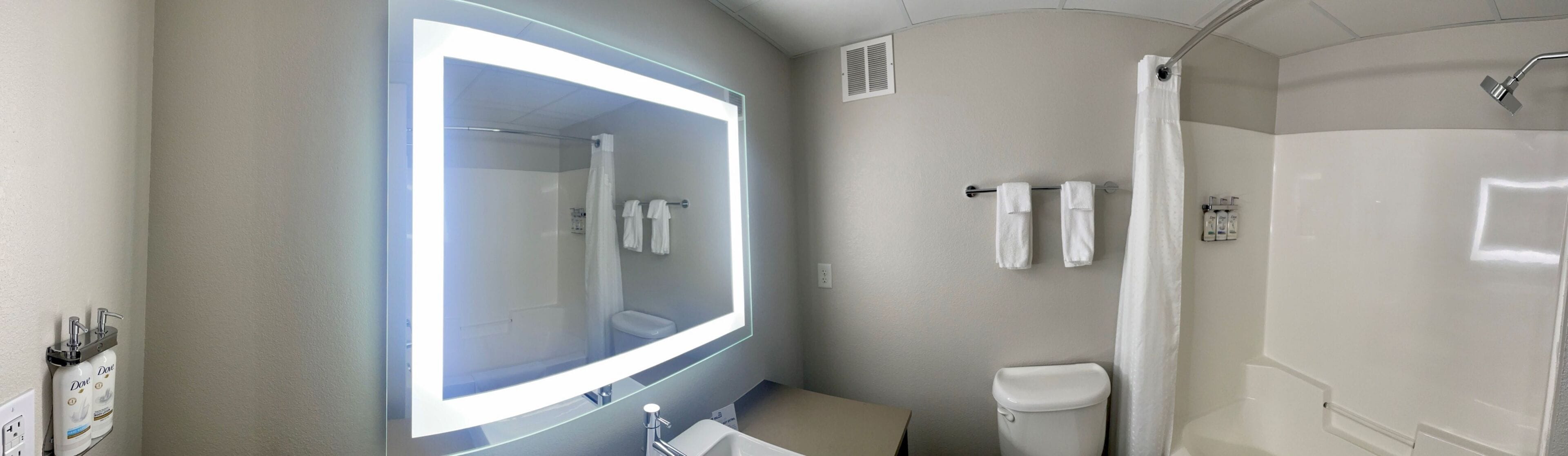 combined shower/bathtub, free toiletries, hair dryer, towels