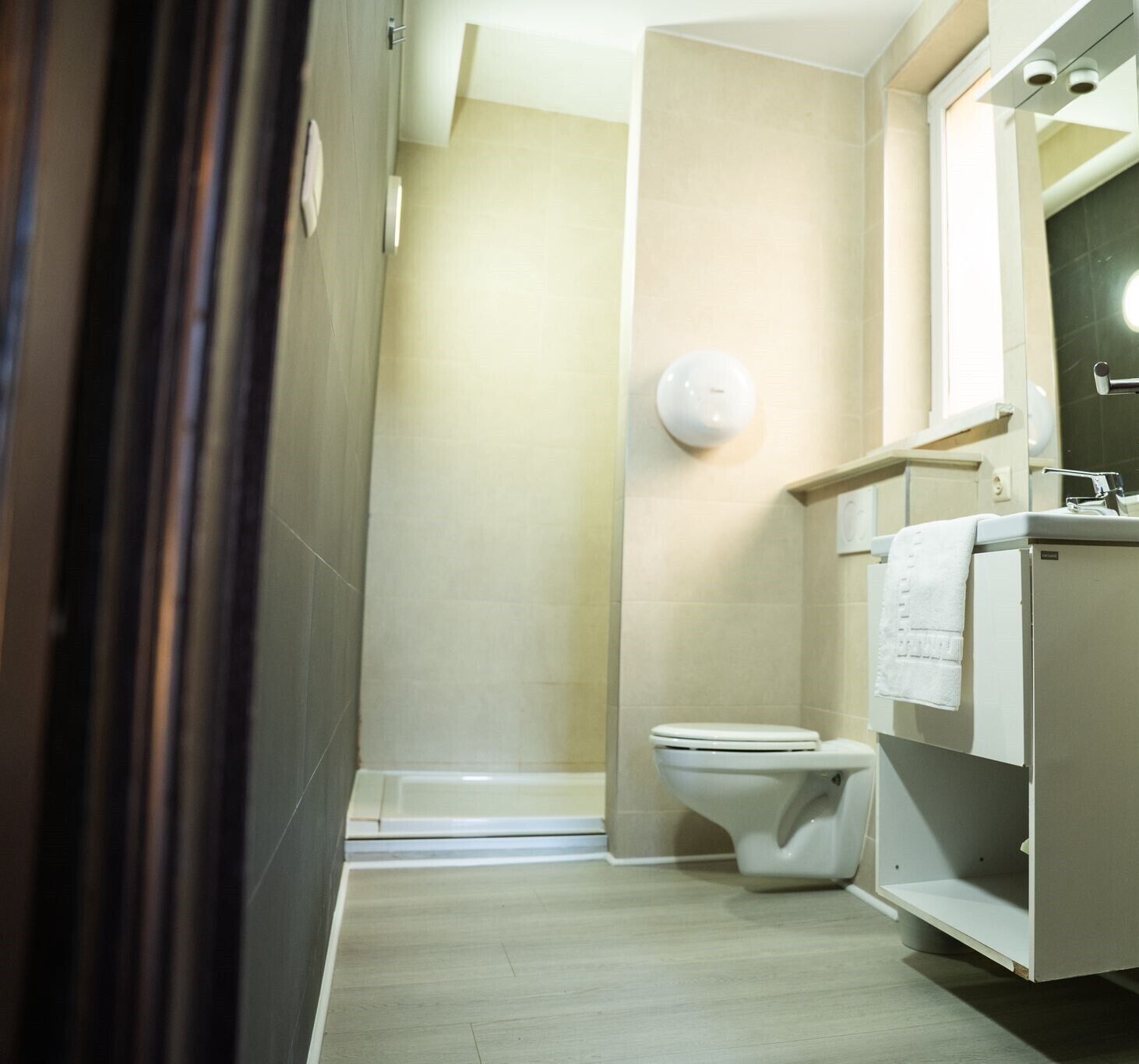 A bathroom with a toilet, a sink, and a mirror.