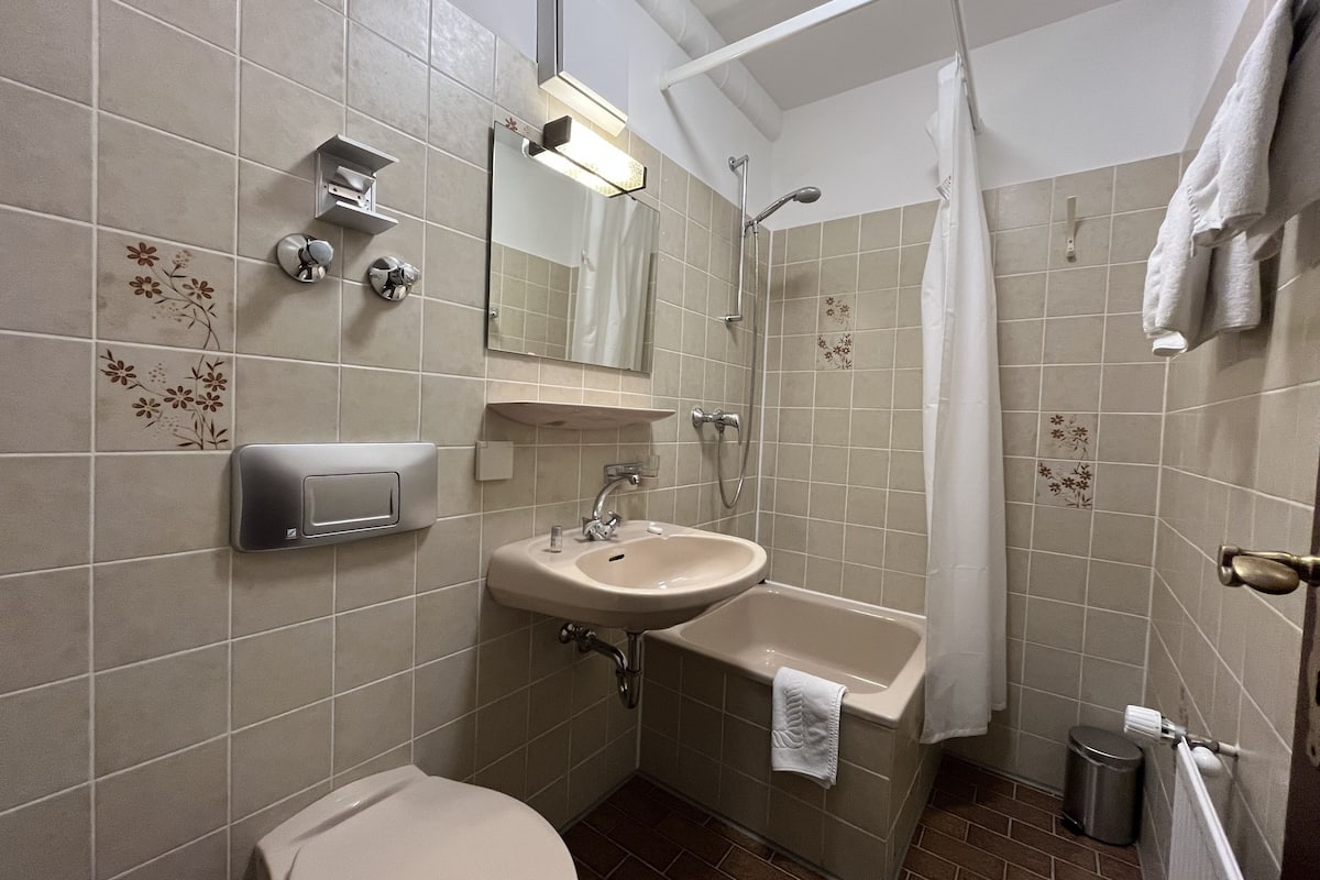 basic single room | bathroom | bathtub, hair dryer, towels