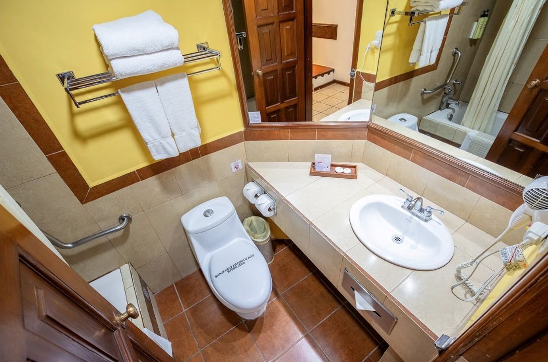 A bathroom with a toilet, sink, mirror, and towel rack.