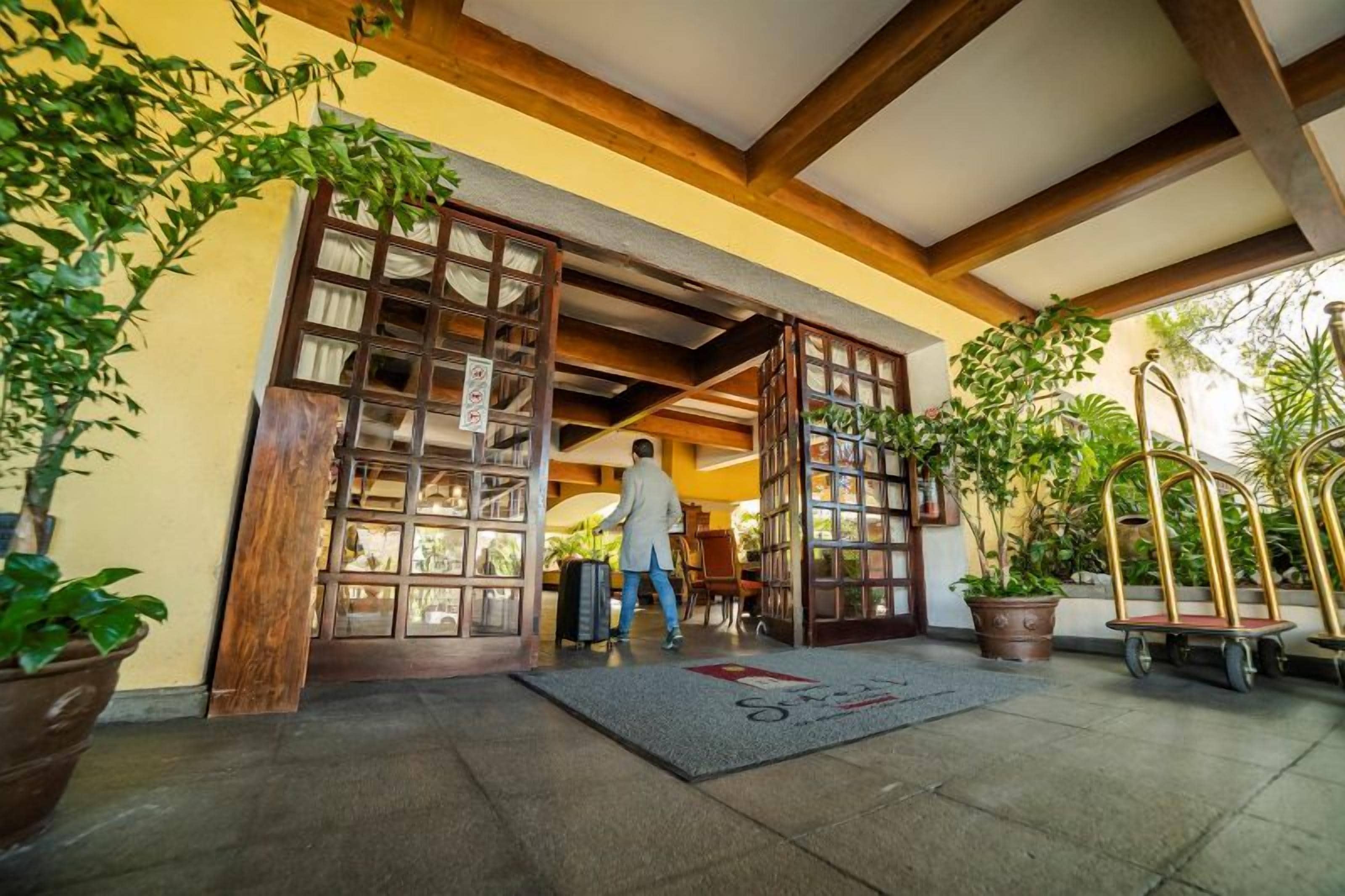 A hotel entrance with a wooden door, a person with luggage, and potted plants.