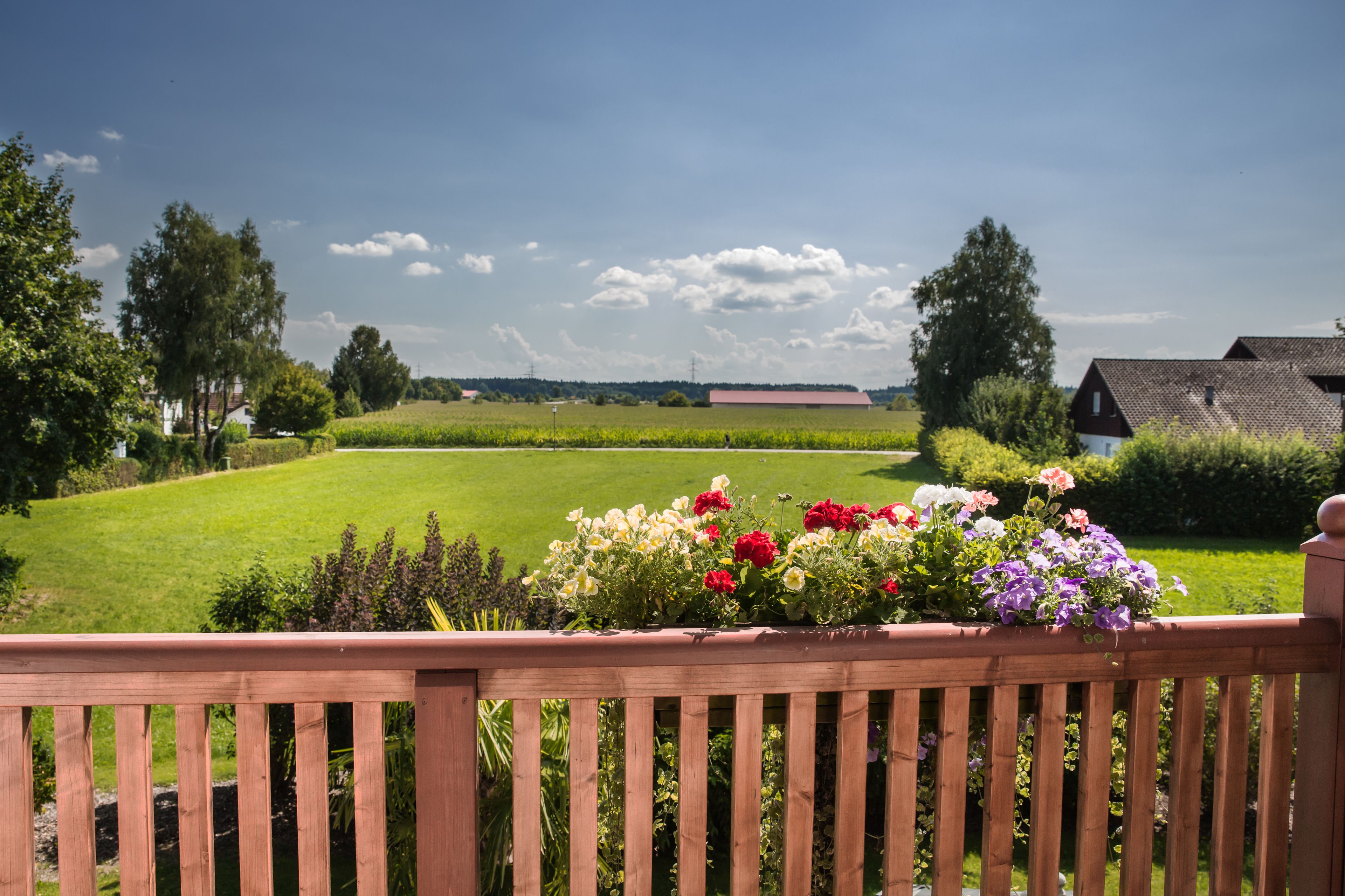 A view from a wooden deck overlooking a green field, with a red barn and trees in the background.