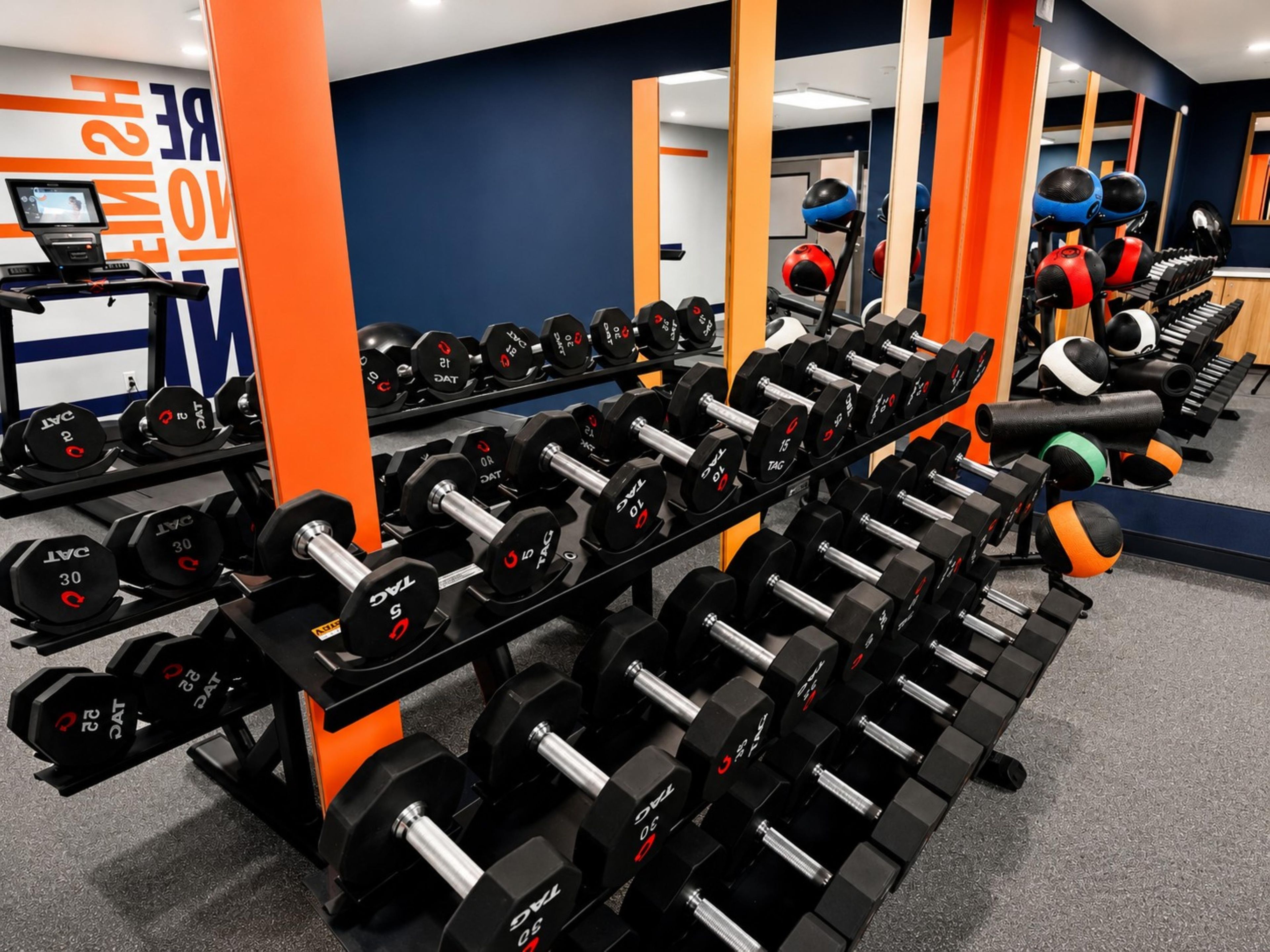 Een sportschool met rijen haltergewichten, een loopband en fitnessballen.
