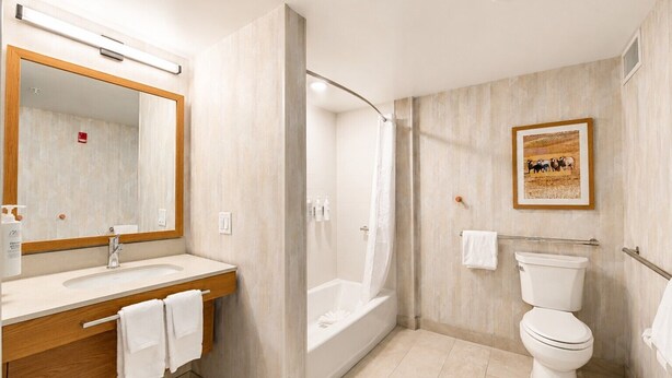 Un baño moderno con lavamanos, espejo, ducha e inodoro.