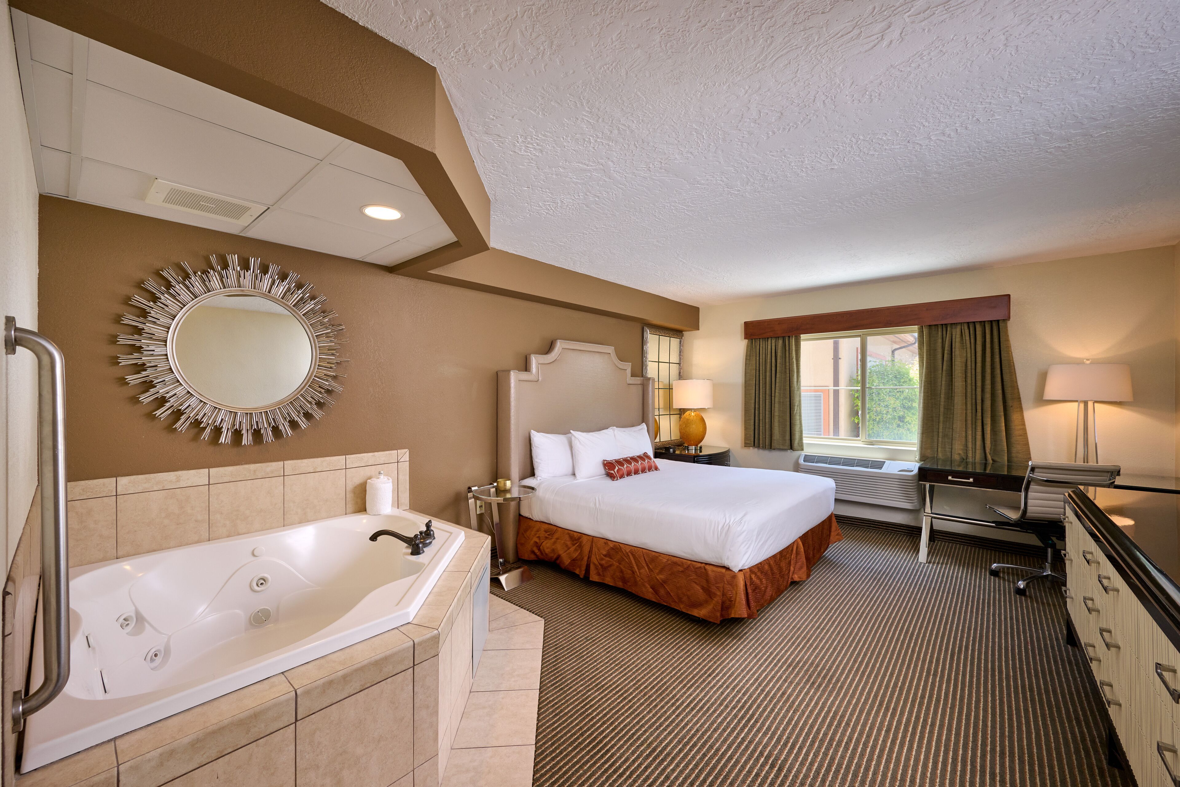 desk, laptop workspace, blackout curtains, iron/ironing board