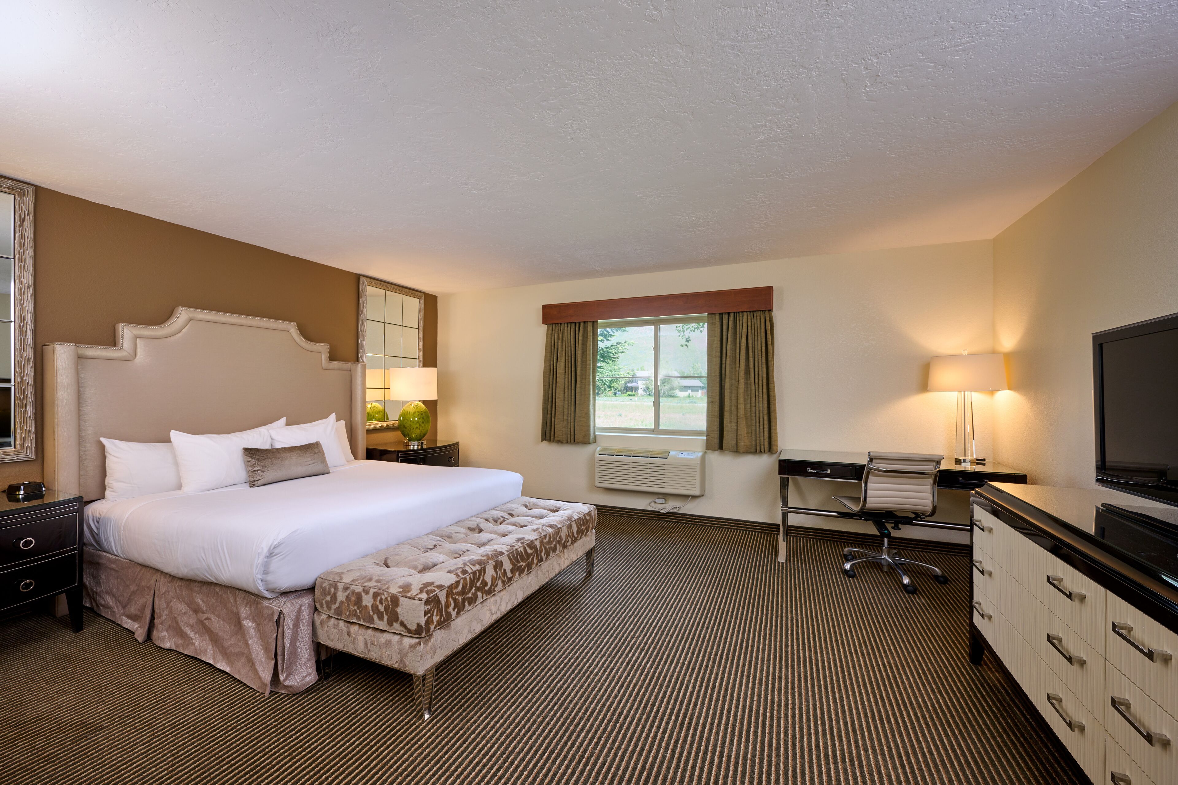 desk, laptop workspace, blackout curtains, iron/ironing board