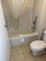 Combined shower/tub, free toiletries, hair dryer, towels