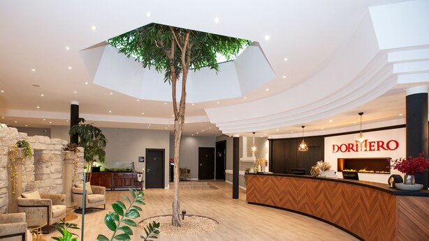 Un hall d’hôtel moderne avec un comptoir d’accueil, un espace salon et un grand arbre sous une verrière.