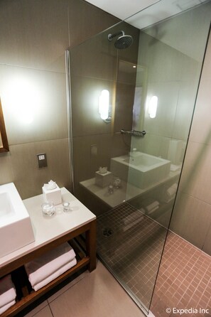 Chambre classique double | Salle de bain | Douche, articles de toilette griffés, séchoir à cheveux, peignoirs