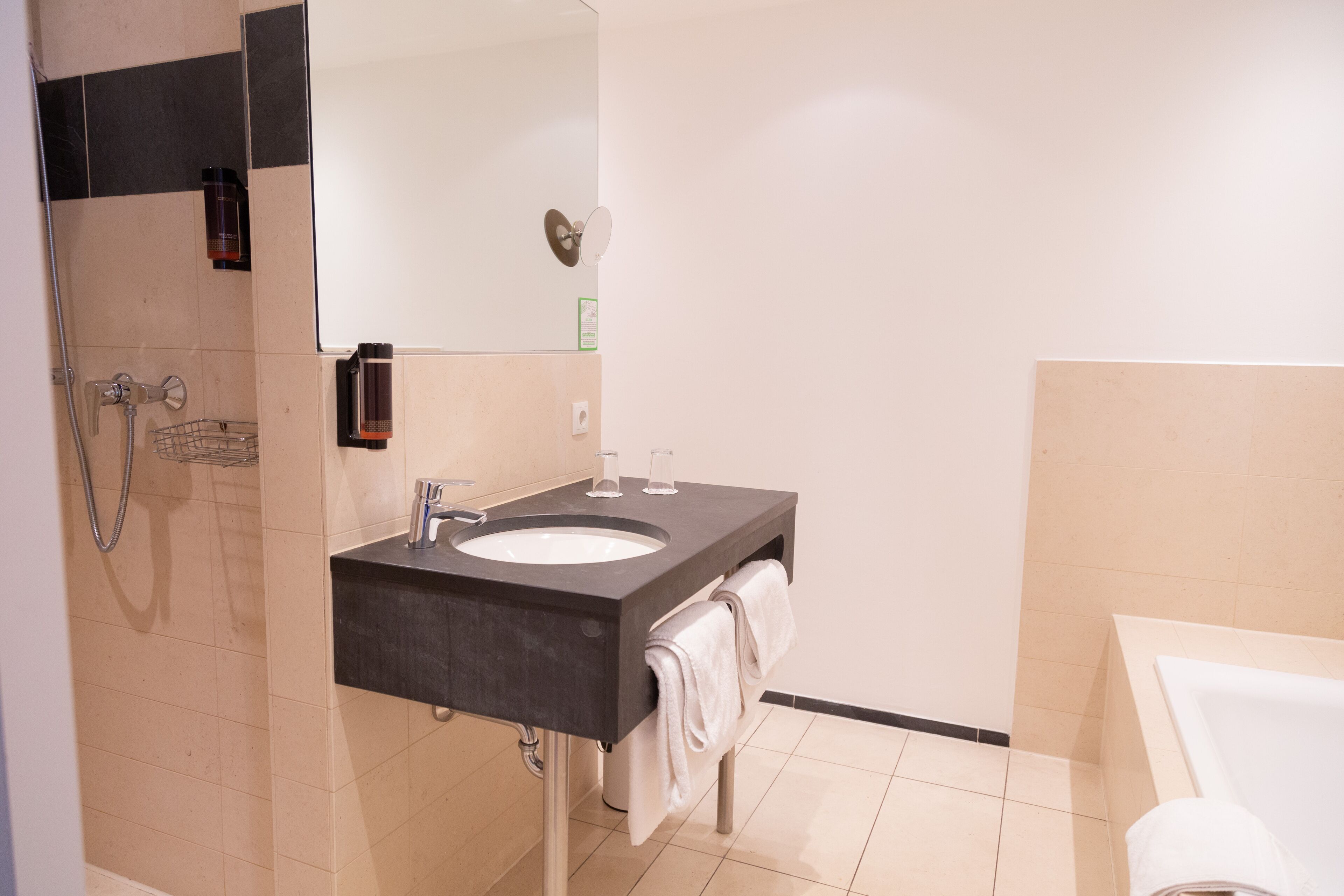 Un baño moderno con lavabo, espejo, toallero y ducha.